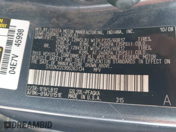 2009 Toyota Sienna XLE with VIN 5TDZK22C99S263134, listed as a IAAI auction lot 42427811 with 171,417 mi miles and . Bid and sale history available at DreamBid. Image 9.