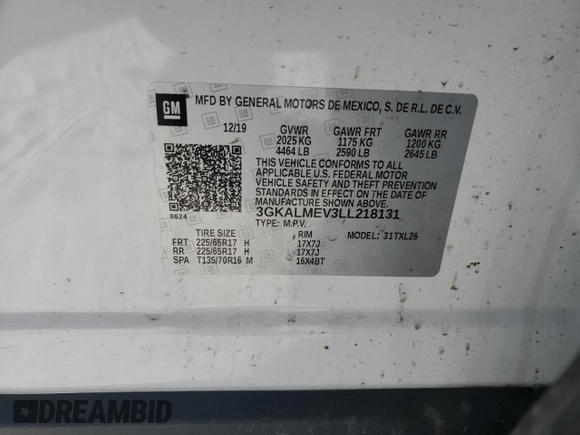 2020 GMC Terrain SLE with VIN 3GKALMEV3LL218131, listed as a Copart auction lot 41694015 with 41,916 mi miles and Salvage Title. Bid and sale history available at carsss.com. Image 13.