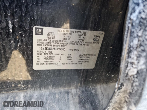 2015 Chevrolet Suburban LT with VIN 1GNSKJKC2FR274506, listed as a Copart auction lot 87881695 with 196,506 mi miles and Salvage Title. Bid and sale history available at DreamBid. Image 15.