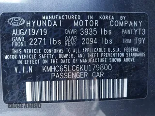 2019 Hyundai Ioniq Blue with VIN KMHC65LC6KU179800, listed as a IAAI auction lot 42196370 with 160,154 mi miles and . Bid and sale history available at DreamBid. Image 9.