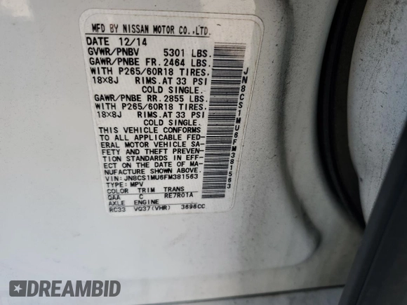 2015 Infiniti QX70 with VIN JN8CS1MU6FM381563, listed as a Copart auction lot 45113595 with 199,694 mi miles and Salvage title. Bid and sale history available at DreamBid. Image 13.