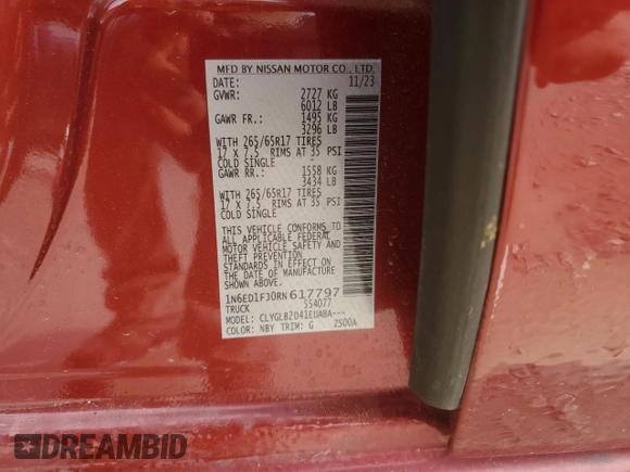 2024 Nissan Frontier SV with VIN 1N6ED1FJ0RN617797, listed as a Copart auction lot 54576125 with 9,183 mi miles and Salvage title. Bid and sale history available at DreamBid. Image 12.