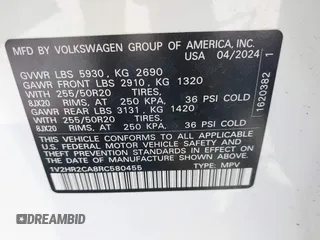 2024 Volkswagen Atlas SE with VIN 1V2HR2CA8RC580455, listed as a IAAI auction lot 42282323 with 13,549 mi miles and . Bid and sale history available at DreamBid. Image 9.
