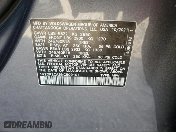 2022 Volkswagen Atlas SE with VIN 1V2DP2CA5NC509101, listed as a Copart auction lot 76972414 with 17,509 mi miles and Salvage title. Bid and sale history available at DreamBid. Image 14.