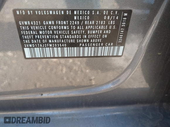 2015 Volkswagen Jetta SE z VIN 3VWD17AJ2FM203540, wystawiony jako IAAI lot #41764738 z przebiegiem Nie podano mil oraz . Historia ofert i sprzedaży dostępna na DreamBid. Obrazek 9.