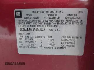 2010 GMC Terrain SLE-1 with VIN 2CTALBEW4A6248737, listed as a IAAI auction lot 41140067 with 158,498 mi miles. Bid and sale history available at carsss.com. Image 9.