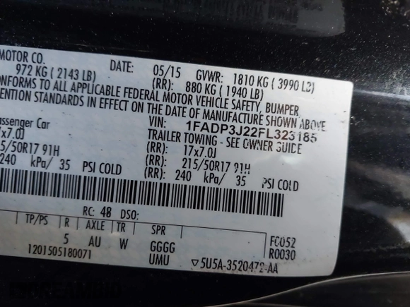 2015 Ford Focus Titanium with VIN 1FADP3J22FL323185, listed as a IAAI auction lot 41461154 with 125,477 mi miles and . Bid and sale history available at carsss.com. Image 9.