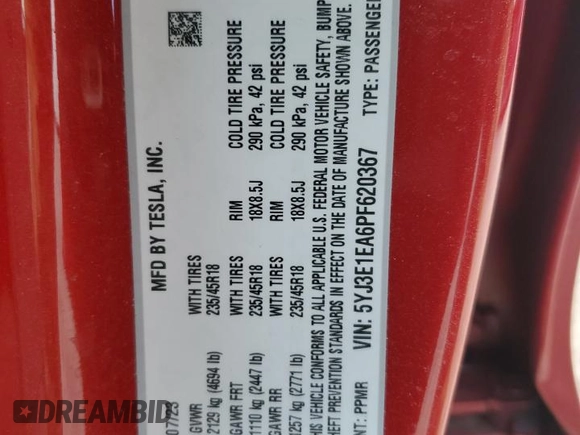 2023 Tesla Model 3 с VIN 5YJ3E1EA6PF620367, выставлен на аукционе Copart как лот 55569445 с пробегом 19 943 миль миль и Списание • Salvage title. История ставок и продаж доступна на DreamBid. Изображение 13.