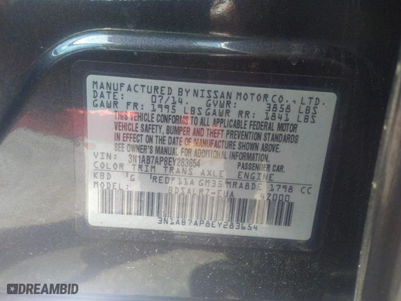 2014 Nissan Sentra SV with VIN 3N1AB7AP8EY283654, listed as a IAAI auction lot 37380388 with 126,218 mi miles. Bid and sale history available at carsss.com. Image 9.