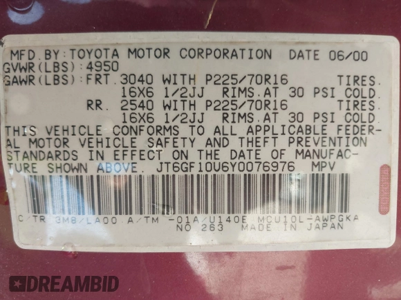 2000 Lexus RX 300 with VIN JT6GF10U6Y0076976, listed as a IAAI auction lot 41455609 with 293,626 mi miles and . Bid and sale history available at DreamBid. Image 9.
