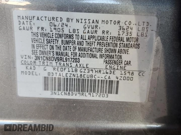 2024 Nissan Versa S with VIN 3N1CN8DV9RL917203, listed as a Copart auction lot 47521815 with 712 mi miles and Salvage Title. Bid and sale history available at carsss.com. Image 12.