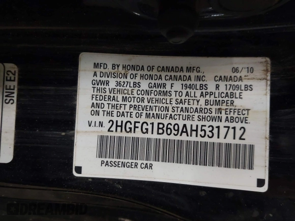 2010 Honda Civic Cpe LX with VIN 2HGFG1B69AH531712, listed as a IAAI auction lot 41235917 with 84,521 mi miles. Bid and sale history available at carsss.com. Image 9.