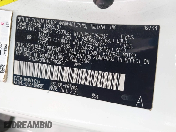 2012 Toyota Sienna LE AAS with VIN 5TDKK3DC4CS183817, listed as a IAAI auction lot 42013545 with 207,822 mi miles. Bid and sale history available at carsss.com. Image 9.