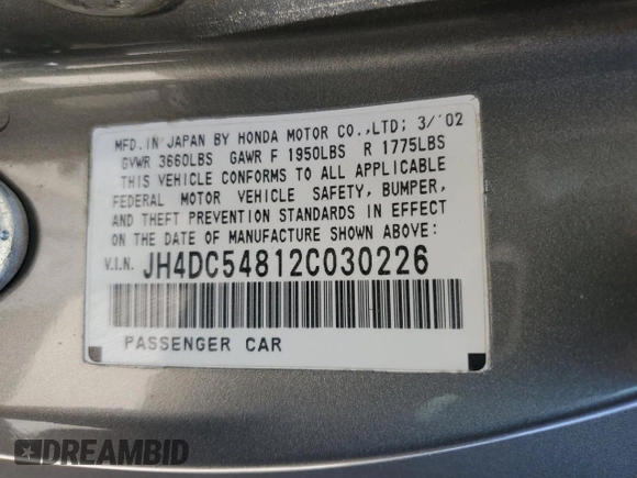 2002 Acura RSX Auto z VIN JH4DC54812C030226, wystawiony jako Copart lot #57615105 z przebiegiem 137 912 mil mil oraz Szkoda całkowita • Salvage title. Historia ofert i sprzedaży dostępna na DreamBid. Obrazek 12.
