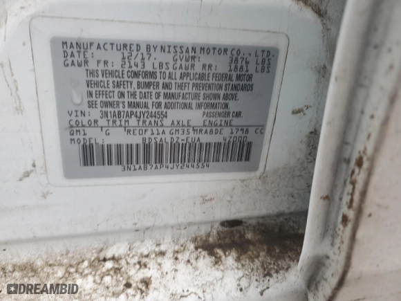 2018 Nissan Sentra S with VIN 3N1AB7AP4JY244554, listed as a Copart auction lot 44511945 with 168,368 mi miles and Salvage Title. Bid and sale history available at carsss.com. Image 12.