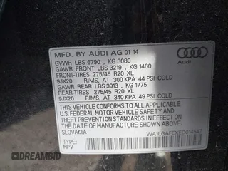 2014 Audi Q7 Premium Plus with VIN WA1LGAFEXED014547, listed as a IAAI auction lot 42256396 with 158,038 mi miles and . Bid and sale history available at DreamBid. Image 9.