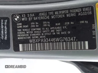 2006 BMW X3 3.0i with VIN WBXPA93446WG76347, listed as a IAAI auction lot 41649511 with 137,316 mi miles and . Bid and sale history available at DreamBid. Image 9.