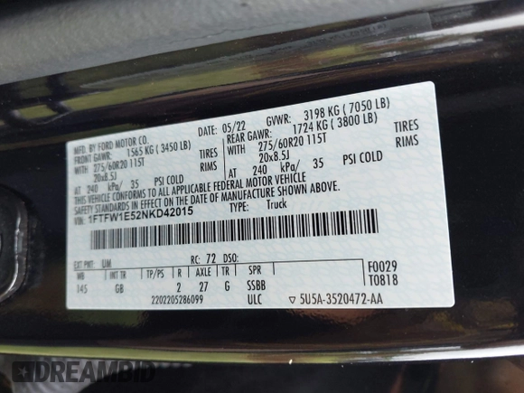 2022 Ford F-150 XL с VIN 1FTFW1E52NKD42015, выставлен на аукционе IAAI как лот 42068734 с пробегом 35 353 миль миль и . История ставок и продаж доступна на DreamBid. Изображение 9.