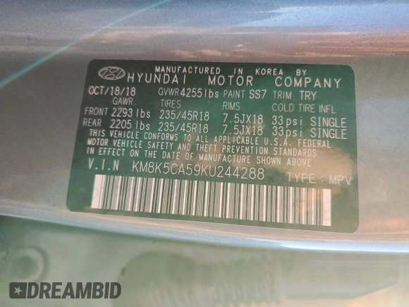 2019 Hyundai Kona Ultimate with VIN KM8K5CA59KU244288, listed as a Copart auction lot 47204255 with 48,532 mi miles and Salvage Title. Bid and sale history available at carsss.com. Image 14.