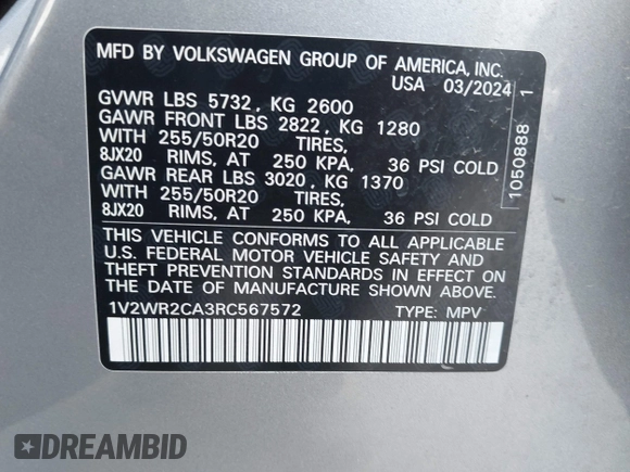 2024 Volkswagen Atlas SE z VIN 1V2WR2CA3RC567572, wystawiony jako IAAI lot #42042562 z przebiegiem 28 684 mil mil oraz . Historia ofert i sprzedaży dostępna na DreamBid. Obrazek 9.