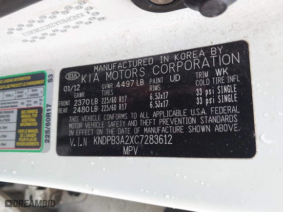 2012 Kia Sportage LX with VIN KNDPB3A2XC7283612, listed as a IAAI auction lot 41957810 with 165,899 mi miles. Bid and sale history available at carsss.com. Image 9.