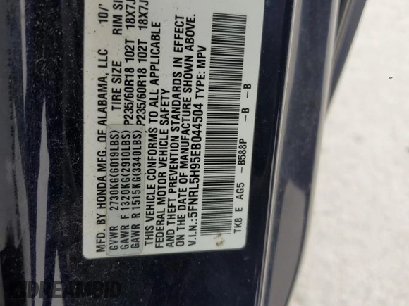 2014 Honda Odyssey Touring with VIN 5FNRL5H95EB044504, listed as a Copart auction lot 59228035 with 259,035 mi miles and Clean title. Bid and sale history available at DreamBid. Image 13.