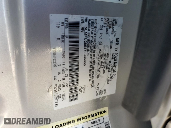 2007 Lincoln Navigator with VIN 5LMFU28547LJ06060, listed as a Copart auction lot 75055064 with 168,710 mi miles and Salvage title. Bid and sale history available at DreamBid. Image 16.