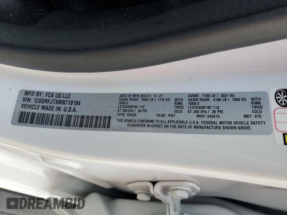 2021 Ram 1500 Laramie z VIN 1C6SRFJTXMN719184, wystawiony jako Copart lot #57024995 z przebiegiem 70 194 mil mil oraz Nie do naprawy • Non repairable. Historia ofert i sprzedaży dostępna na DreamBid. Obrazek 12.