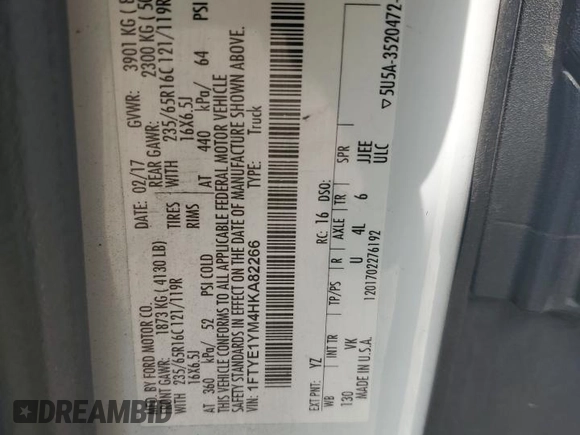 2017 Ford Transit с VIN 1FTYE1YM4HKA82266, выставлен на аукционе Copart как лот 66023274 с пробегом Не указан миль и Чистый • Clean title. История ставок и продаж доступна на DreamBid. Изображение 12.