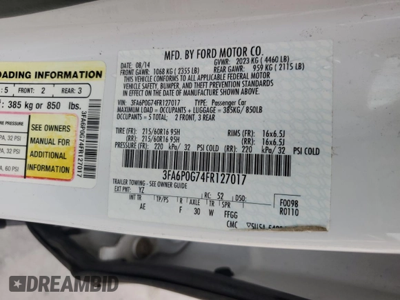 2015 Ford Fusion S with VIN 3FA6P0G74FR127017, listed as a Copart auction lot 43484145 with 210,523 mi miles and Clean Title. Bid and sale history available at DreamBid. Image 12.