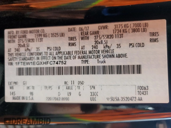 2017 Ford F-150 XL z VIN 1FTEW1EGXHFC74752, wystawiony jako Copart lot #60853955 z przebiegiem Nie podano mil oraz Czysty tytuł • Clean title. Historia ofert i sprzedaży dostępna na DreamBid. Obrazek 12.