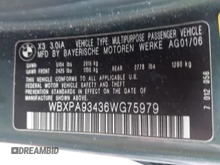 2006 BMW X3 3.0i with VIN WBXPA93436WG75979, listed as a IAAI auction lot 41896174 with Not Provided miles and . Bid and sale history available at DreamBid. Image 9.