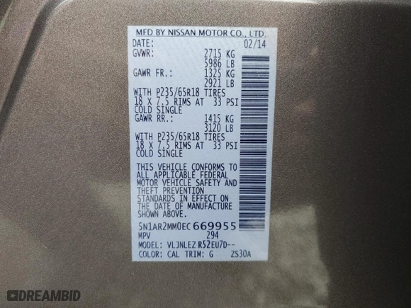 2014 Nissan Pathfinder Platinum with VIN 5N1AR2MM0EC669955, listed as a Copart auction lot 47870465 with 116,393 mi miles and Salvage Title. Bid and sale history available at carsss.com. Image 13.