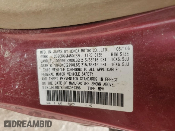 2006 Honda CR-V LX z VIN JHLRD78556C059396, wystawiony jako Copart lot #54429865 z przebiegiem Nie podano mil oraz Szkoda całkowita • Salvage title. Historia ofert i sprzedaży dostępna na DreamBid. Obrazek 13.