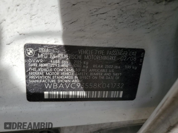 2008 BMW 3 Series 328xi with VIN WBAVC93558K041732, listed as a Copart auction lot 49842465 with 189,663 mi miles and Salvage title. Bid and sale history available at DreamBid. Image 12.