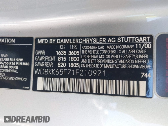 2001 Mercedes-Benz SLK 230/320 z VIN WDBKK65F71F210921, wystawiony jako IAAI lot #41718596 z przebiegiem 94 332 mil mil oraz . Historia ofert i sprzedaży dostępna na DreamBid. Obrazek 9.