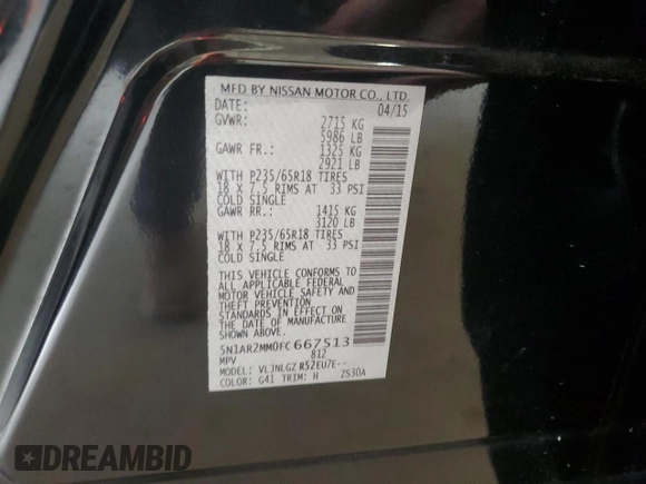 2015 Nissan Pathfinder SL с VIN 5N1AR2MM0FC667513, выставлен на аукционе Copart как лот 56672405 с пробегом 152 704 миль миль и Списание • Salvage title. История ставок и продаж доступна на DreamBid. Изображение 13.