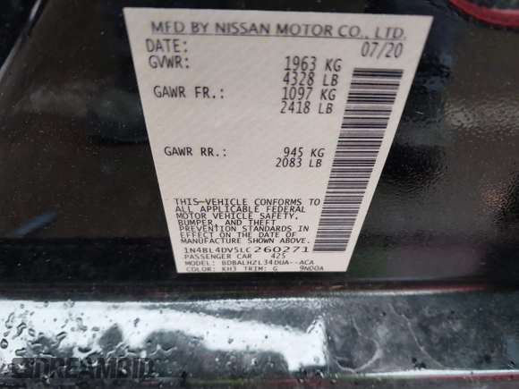 2020 Nissan Altima 2.5 SV with VIN 1N4BL4DV5LC260271, listed as a IAAI auction lot 41735942 with 93,662 mi miles. Bid and sale history available at carsss.com. Image 9.