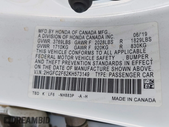 2019 Honda Civic Sedan LX with VIN 2HGFC2F62KH573149, listed as a IAAI auction lot 41575660 with 104,139 mi miles. Bid and sale history available at carsss.com. Image 9.
