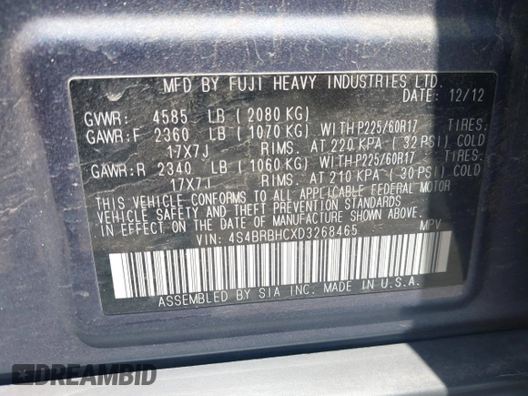 2013 Subaru Outback Premium with VIN 4S4BRBHCXD3268465, listed as a IAAI auction lot 42559125 with 122,768 mi miles and . Bid and sale history available at DreamBid. Image 9.