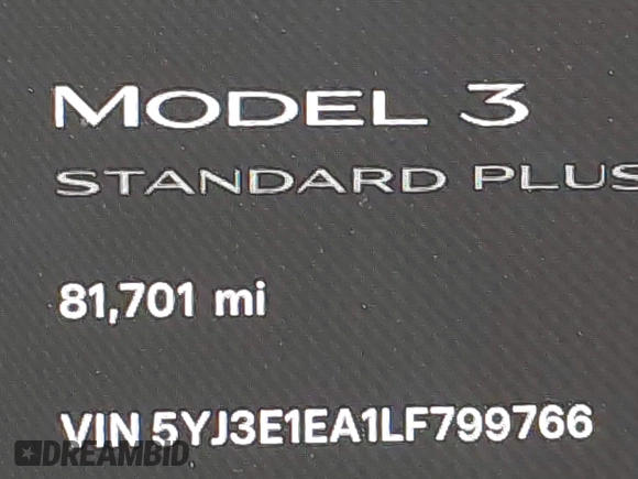 2020 Tesla Model 3 Standard Range Plus with VIN 5YJ3E1EA1LF799766, listed as a IAAI auction lot 41386508 with 90,000 mi miles. Bid and sale history available at carsss.com. Image 16.