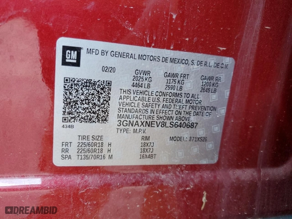 2020 Chevrolet Equinox Premier with VIN 3GNAXNEV8LS640687, listed as a Copart auction lot 45523835 with 150,863 mi miles and Salvage Title. Bid and sale history available at carsss.com. Image 15.
