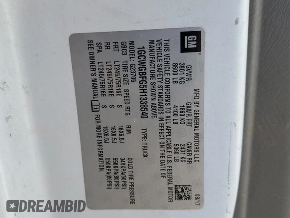 2017 Chevrolet Express Cargo Van with VIN 1GCWGBFG5H1338540, listed as a Copart auction lot 45241235 with 155,542 mi miles and Clean Title. Bid and sale history available at carsss.com. Image 13.