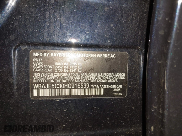 2017 BMW 5 Series 540i with VIN WBAJE5C30HG916539, listed as a IAAI auction lot 41935482 with 67,424 mi miles and . Bid and sale history available at carsss.com. Image 9.