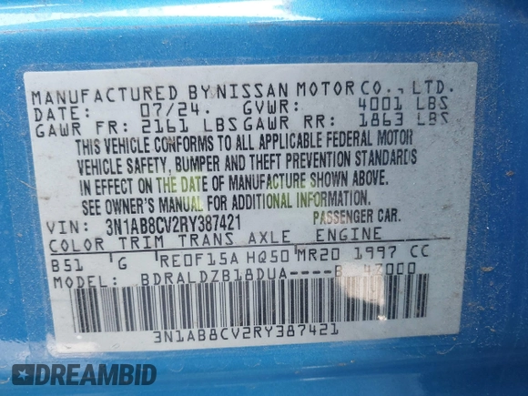 2024 Nissan Sentra SV with VIN 3N1AB8CV2RY387421, listed as a IAAI auction lot 42362993 with 9,068 mi miles and . Bid and sale history available at DreamBid. Image 9.
