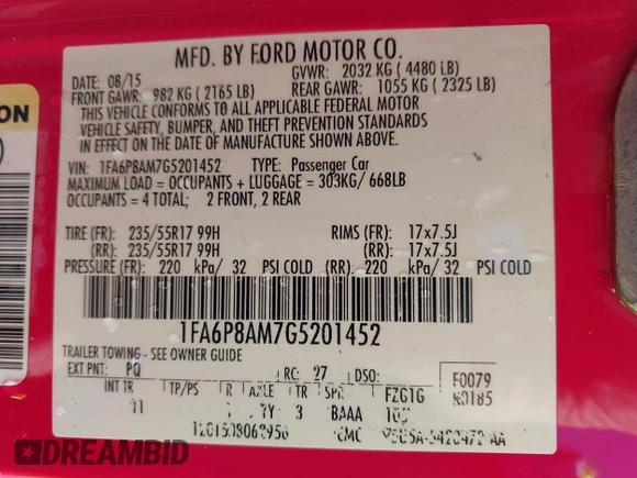 2016 Ford Mustang V6 with VIN 1FA6P8AM7G5201452, listed as a IAAI auction lot 40831733 with 97,592 mi miles and . Bid and sale history available at carsss.com. Image 9.