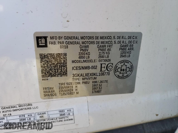 2019 GMC Terrain Denali with VIN 3GKALXEX0KL108770, listed as a Copart auction lot 82222754 with 147,869 mi miles and Salvage Title. Bid and sale history available at DreamBid. Image 14.