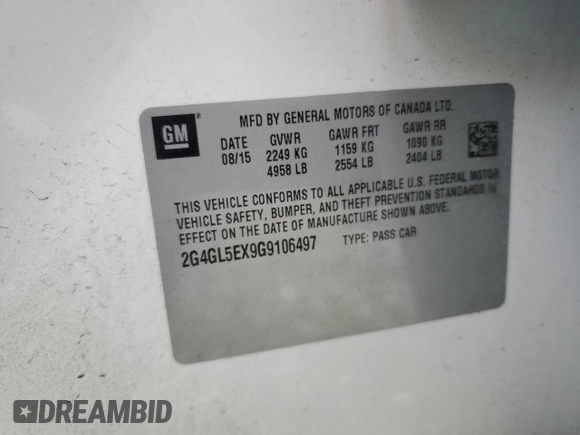 2016 Buick Regal with VIN 2G4GL5EX9G9106497, listed as a Copart auction lot 62536684 with 93,620 mi miles and Salvage Title. Bid and sale history available at DreamBid. Image 14.