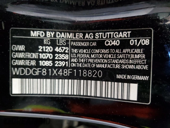 2008 Mercedes-Benz C 300 Sport with VIN WDDGF81X48F118820, listed as a Copart auction lot 49569645 with 169,928 mi miles and Salvage title. Bid and sale history available at DreamBid. Image 12.