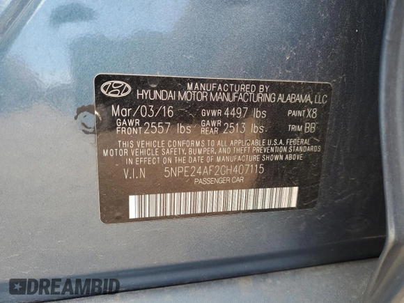 2016 Hyundai Sonata SE with VIN 5NPE24AF2GH407115, listed as a Copart auction lot 56308135 with 126,518 mi miles and Salvage title. Bid and sale history available at DreamBid. Image 12.